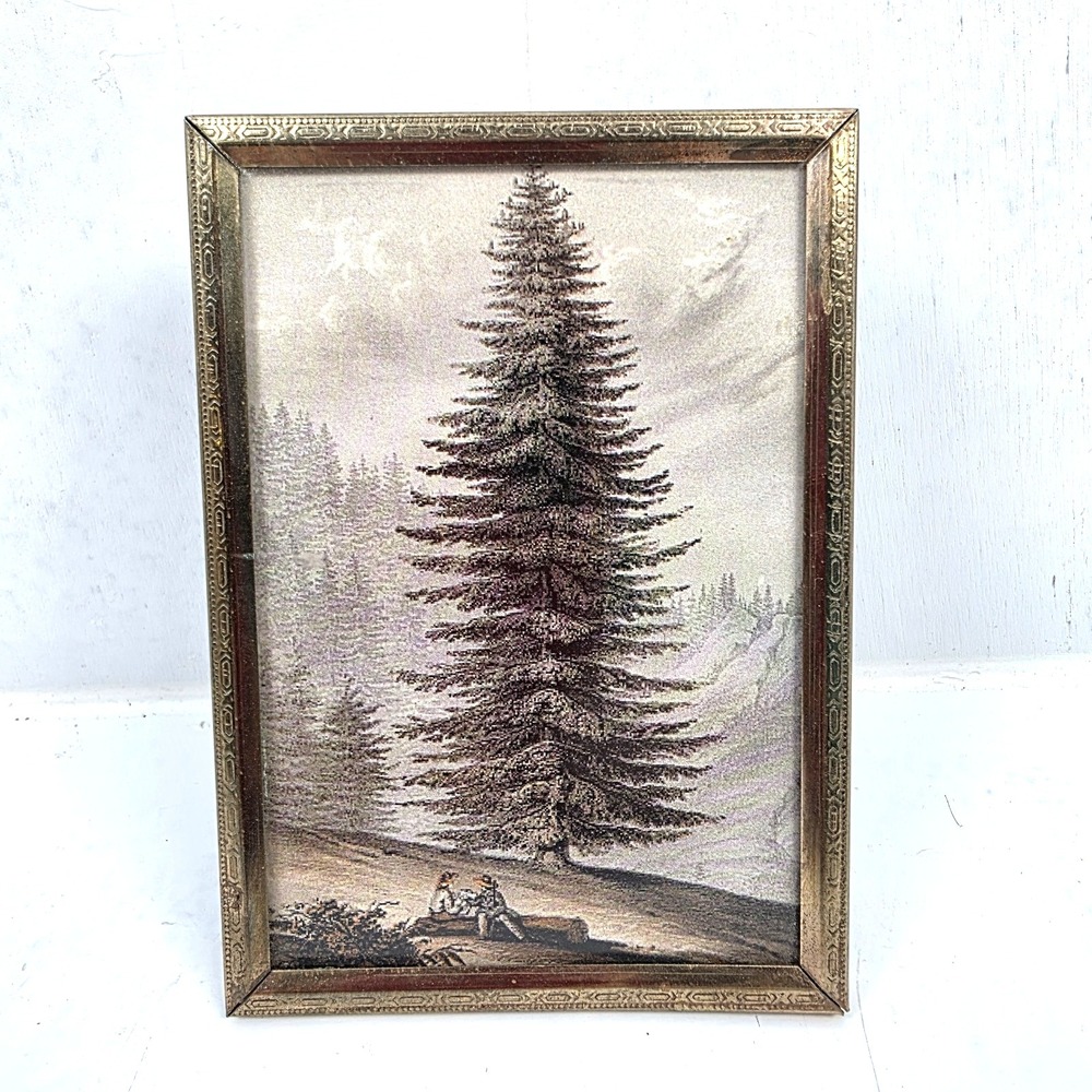 Vintage Brass‎ Embossed Frame Forest Tree Art Print Glass Front 3.75" x 5.25"